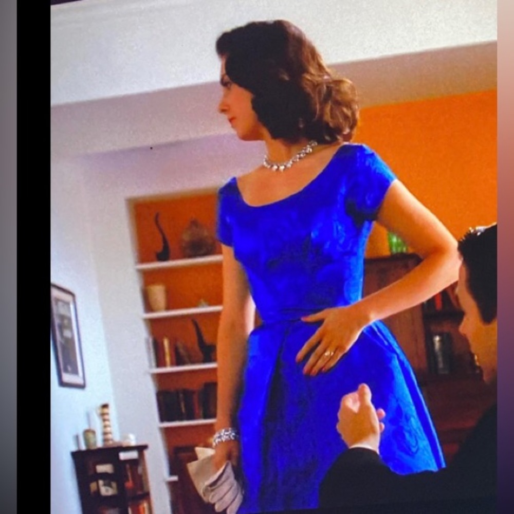 Royal blue vintage retro floral cocktail dress 50s/60 midi aline bow prom madmen - Picture 2 of 13